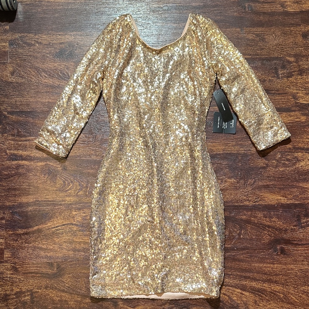 Lulu's Sparkling Gold Long Sleeve Dress
